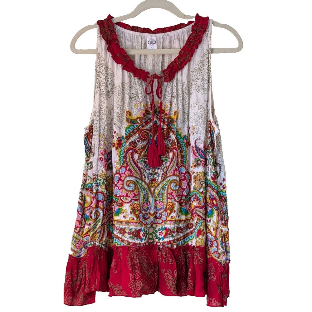 Bila Womens L Boho Paisley Tunic Top Sleeveless Ruffle Tassel Red Multicolor